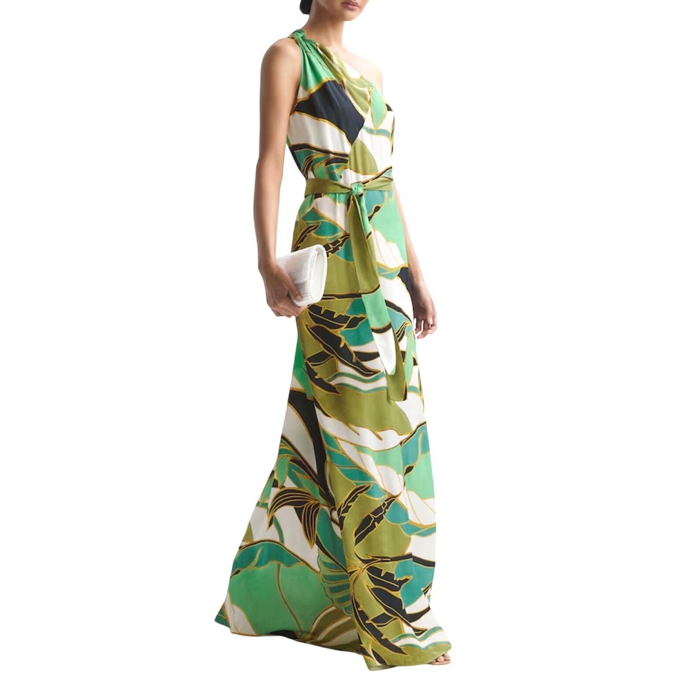 Reiss Tina MSRP $400 Jungle Print One Shoulder Maxi Dress Green US 8